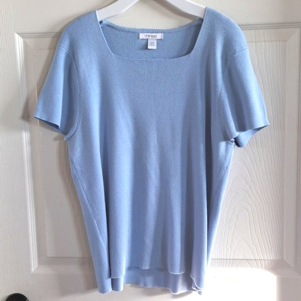 Dressbarn Knit Cotton Blend Light Blue Short Sleeve Top Square Neck Chic Sweater